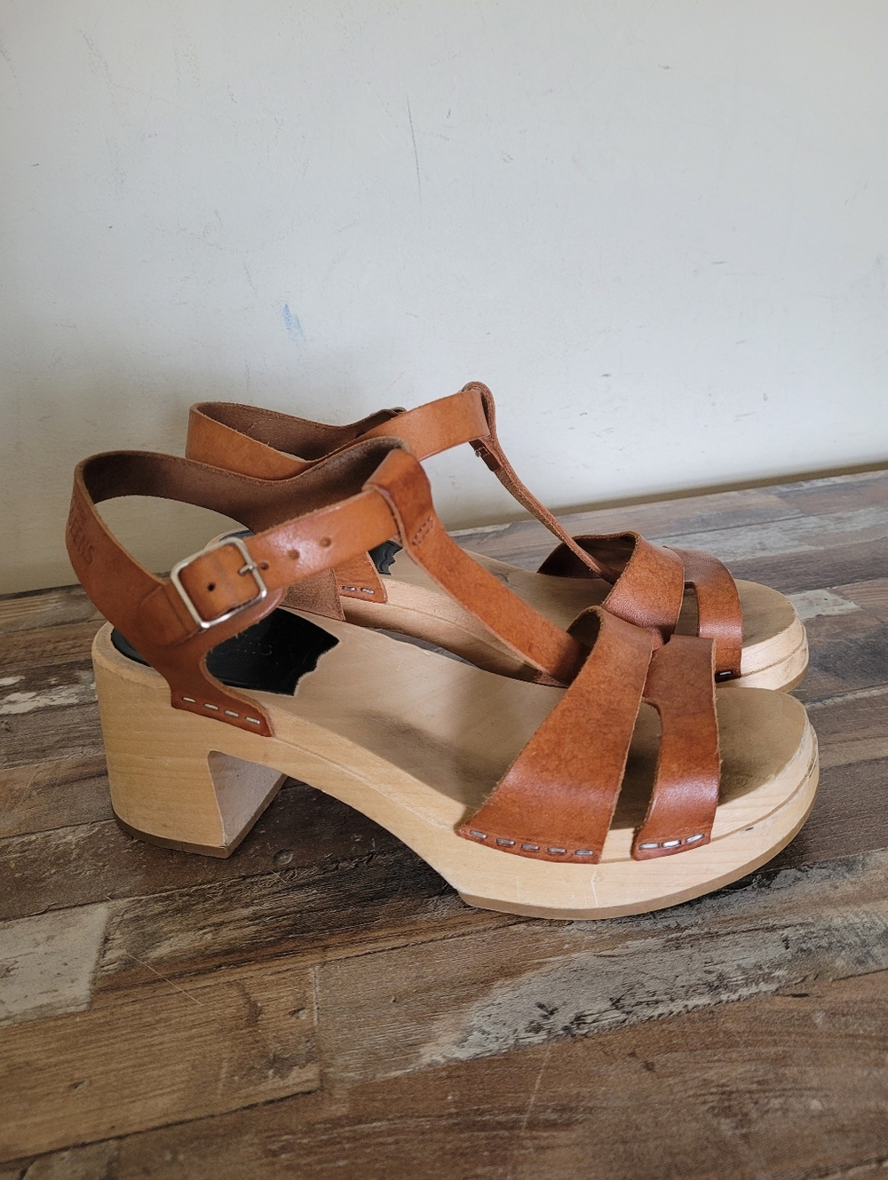 Swedish Hasbeens Cognac Leather T-Strap Clog Sandals